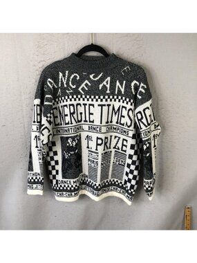 Jamie Scott Sweater Womens L Black Energie Times Graphic Newspaper Dance 1980s